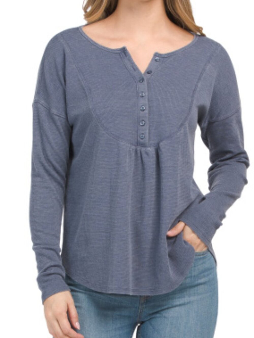 Lucky Brand | Henley Button Front Bib Waffle Top Blue Long Sleeve Button Cozy